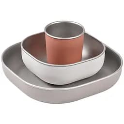 Набор детской посуды Beaba тарелка, миска, стакан металлический 4+ терракотовый (913584)