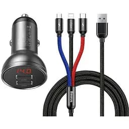 Автокомпонент зарядний і кабель 3-в-1 Baseus Digital Display 24 W 2 usb TZCCBX-0G - мініатюра 2
