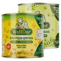 Набор: кукуруза WellDar стерилизованная сахарная 340 г + горошек зеленый WellDar консервированный 420 мл 