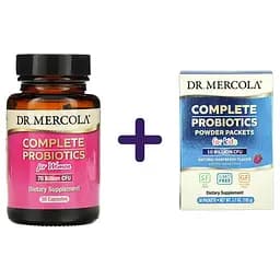 Пробиотики для женщин Dr. Mercola Complete Probiotics for Women 70 Billion CFU 30 капсул + пробиотики для детей Dr. Mercola Complete Probiotics со вкусом малины 30 пакетов