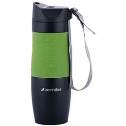 Термокухоль Kamille з нержавіючої сталі з TPR-вставкою і ремінцем 480 мл зелена (KM-2067-GR)