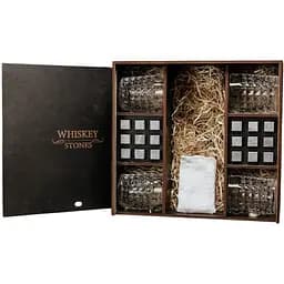 Подарунковий набір Whiskey Stones камені для віскі в дерев'яному пеналі №8 + 4 склянки Bohemia Diamond + щипці + мішечок