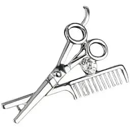 Брошь ножницы 3D с расческой булавка серебристая 64 x 40 мм