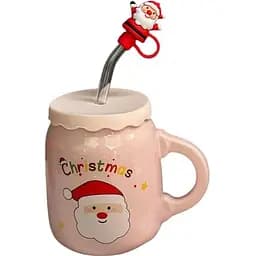 Чашка новогодняя Olens 102-1082-3 Санта керамика с крышкой и трубочкой 460 мл Розовая