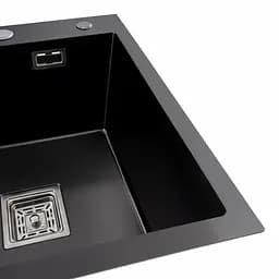 Кухонна мийка чорна Platinum PVD Handmade 65x50 R(квадратний сифон 3,0/1), Чорний - мініатюра 3