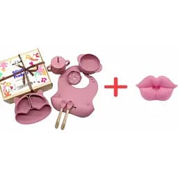 Набір силіконового дитячого посуду Cheeks для прикорму на присосках темно рожевий + Силіконова соска, ортодонтична губки для новонароджених Рожева