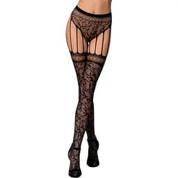 Еротичні колготки-бодістокінг Passion S003 black імітація мереживних панчох та трусиків S/M/L