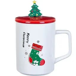 Кружка R33367 Новорічний калейдоскоп кераміка з кришкою і ложкою 360 мл Біла