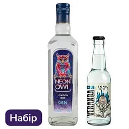 Набір: Джин Neon Owl London Dry 37.5% 0.7 л + Тонік Veranda Club Класичний 330 мл