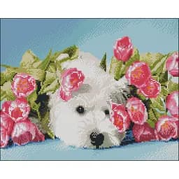 Алмазна мозаїка Strateg ПРЕМІУМ Собака у квітах без підрамника розміром 40х50 см (ZAV4050-26)