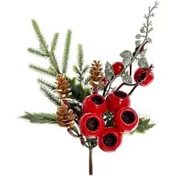 Декоративная хвойная ветка с шишками и красными ягодами для праздничного декора 24 см
