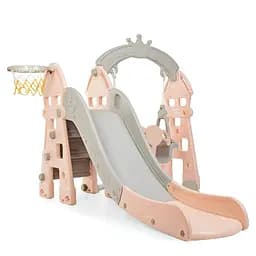 Детская горка-качели BAMBI HOUSE-8 с баскетбольным кольцом, ш146-г183-в120см, розовая