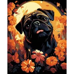 Набор для росписи по номерам Strateg Мопс в цветах на черном фоне 40 х 50 см (AH1228-18)