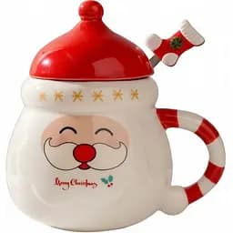 Новогодняя кружка Olens 102-1062 Кенди-Санта с крышкой и ложкой керамика 400 мл Красная