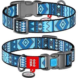 Нашийник для собак Waudog Nylon нейлоновий c QR паспортом, малюнок Етно синій, пластиковий фастекс, XL, Ш 25 мм, Дов 35-58 см