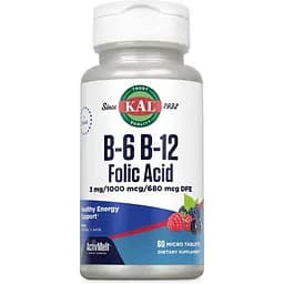 Вітамін B12+B6 фолієва кислота KAL Vitamin B6 B12 Folic Acid 60 таблеток ягідний смак (CAL-65185)