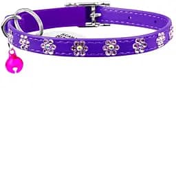 Ошейник для кошек Waudog Glamour Цветочек, кожаный, с эластичной вставкой, со стразами, 22-30х0,9 см, фиолетовый
