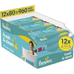 Дитячі вологі серветки Pampers Fresh Clean 960 шт. (12 упаковок x 80 шт.)