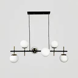Люстра видовжена чорна із білими плафонами та латунними деталями 90х35 см | Line F | Арт. A81/6
