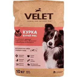Сухой корм Velet Курица и Бурый рис для взрослых собак средних пород 10 кг