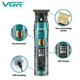 Машинка триммер для стрижки волосся та бороди VGR V-961 LCD-дисплей IPX7 (4 насадки) - мініатюра 5