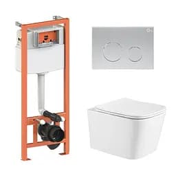 Подвесной унитаз Qtap Crow Ultra Quiet + инсталляция Qtap Nest 4 в 1 (круглая клавиша Satin), Белый