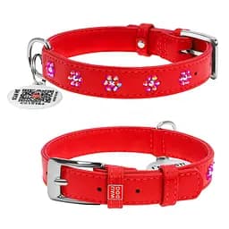 Ошейник для собак кожаный Waudog Glamour с QR-паспортом с клеевыми стразами "Цветы" Ш 20 мм Д 30-39 см