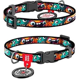 Нашийник для котів та дрібних порід собак Waudog Nylon Зубасті монстри з QR паспортом XS 20-30x1 см