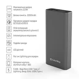 Універсальна мобільна батарея ColorWay 20000mAh Gray (CW-PB200LPH3GR-PDD) - мініатюра 7