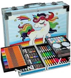 Набор для рисования и творчества детский в алюминиевом чемодане Единорог 145 предметов для юного художника Голубой