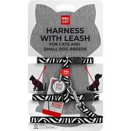 Шлея з повідцем для котів та дрібних порід собак Waucat Nylon з QR адресником малюнок Зебра пластиковий фастекс XS