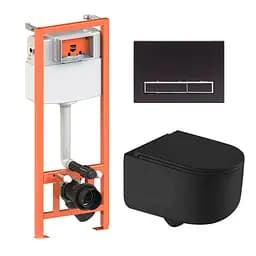 Подвесной унитаз Qtap Taurus Ultra Quiet + инсталляция Qtap Nest 4 в 1 (линейная клавиша Black mate), Черный матовый