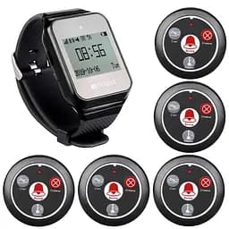 Система виклику офіціанта бездротова з чорним годинником - пейджером Retekess TD108 + 5 чорних кнопок (з кнопкою КАЛЬЯН) (100759)