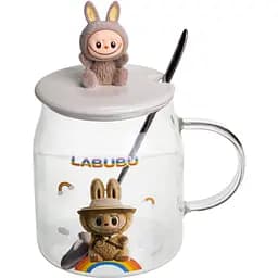 Чашка скляна Yiwu Labubu 600 мл з ложкою і порцеляновою кришкою коричневий Yiwu FM-56C