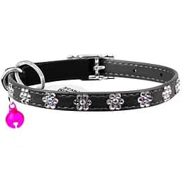 Ошейник для кошек Waudog Glamour Цветочек, кожаный, с эластичной вставкой, со стразами, 22-30х0,9 см, черный