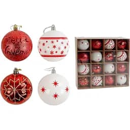 Набор новогодних украшений 16 игрушек на елку с рисунком снежинок, красного и белого (161086)