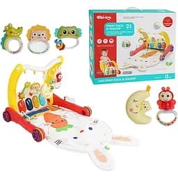 Дитячі ходунки-каталка трансформер з килимком у вигляді зайчика з брязкальцями, червоного кольору