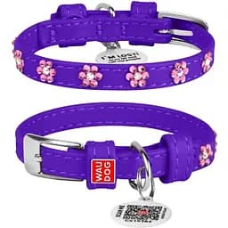 Ошейник для собак Waudog Glamour кожаный с QR паспортом, с клеевыми стразами Цветочек, XS, Ш 9 мм, Дл 19-25 см (4820082498825)