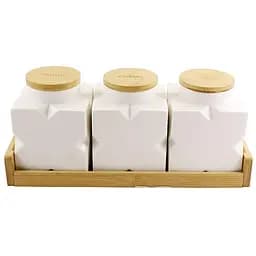 Набір банок для сипучих продуктів порцеляна Interos 3 шт. 600 мл на бамбуковій підставці (PJ01784)