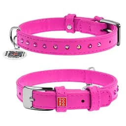 Нашийник для собак шкіряний Waudog Glamour з QR-паспортом з клейовими стразами Ш 15 мм Д 27-36 см рожевий