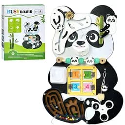 Деревянный бизиборд MD 1524 в виде панды с цветным светом, магнитным лабиринтом и подвижными деталями