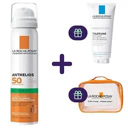 Набір: Сонцезахисний спрей для обличчя La Roche-Posay Anthelios XL SPF 50+ 75 мл + Очищувальний гель-крем La Roche-Posay Toleriane для чутливої шкіри 50 мл + Косметичка La Roche-Posay