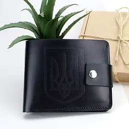 Кожаный кошелек мужской HC-0043-2 черный глянцевый с гербом Украины на кнопке