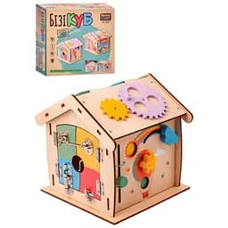 Деревянный бизикуб MD 0838 в форме домика с шестернями, сортером, лабиринтом и подвижными элементами