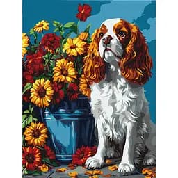 Картина за номерами "Спанієль та квіти" Ідейка KHO6673, 30х40 см