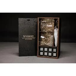 Подарунковий набір Whiskey Stones камені для віскі в дерев'яному пеналі №1 + 2 склянки Bormioli Rocco Cassiopea + щипці + мішечок - мініатюра 2