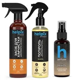 Набір HELPIX для салону авто 3в1: поліроль 200 мл + очищувач шкіри 500 мл + ароматизатор (аромати на вибір)