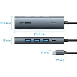 Хаб USB 3.0 Type-C -> 4xUSB 3.0/1xUSB-C, 5Gbps, Black Vention - мініатюра 2