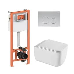 Подвесной унитаз Qtap Gemini Ultra Quiet + инсталляция Qtap Nest 4 в 1 (круглая клавиша Satin), Белый