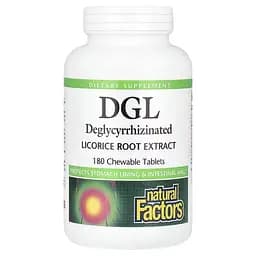 Сладкая (Лакрица) деглицирризиновый экстракт корня DGL Deglycyrrhizinated Licorice Root Extract Natural Factors 180 жевательных таблеток
